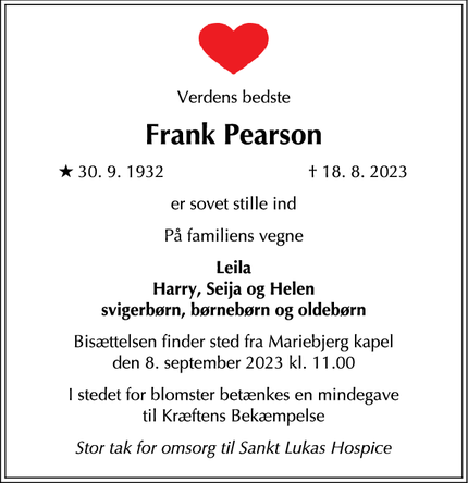 Dødsannoncen for Frank Pearson - Hellerup