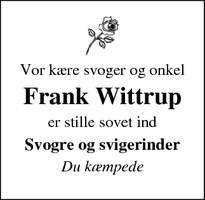 Dødsannoncen for Frank Wittrup - Haderslev
