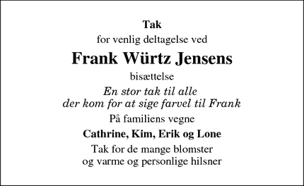 Dødsannoncen for Frank Würtz Jensens - København