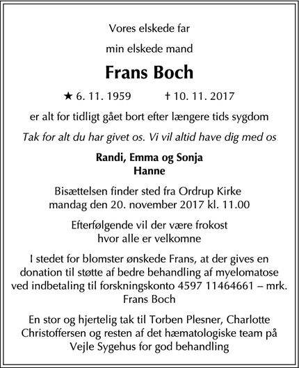 Dødsannoncen for Frans Boch - Farum
