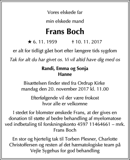 Dødsannoncen for Frans Boch - Farum