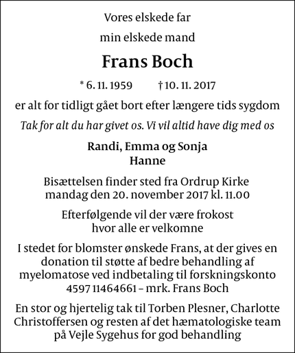 Dødsannoncen for Frans Boch - Farum