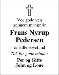 Dødsannoncen for Frans Nyrup
Pedersen - Søttrup