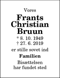 Dødsannoncen for Frants Christian Bruun - Løkken