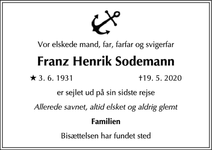 Dødsannoncen for Franz Henrik Sodemann - Hørsholm