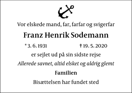 Dødsannoncen for Franz Henrik Sodemann - Hørsholm