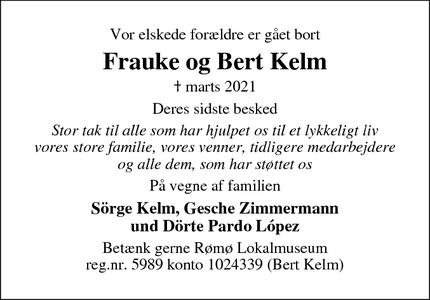 Dødsannoncen for Frauke og Bert Kelm - Rømø