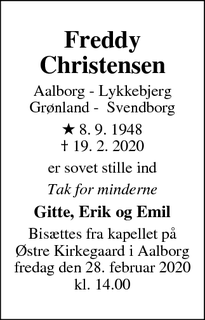 Dødsannoncen for Freddy Christensen - Varde