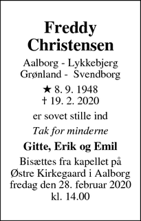 Dødsannoncen for Freddy Christensen - Varde