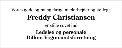 Dødsannoncen for Freddy Christiansen - Billum