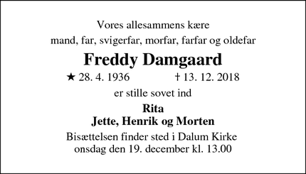 Dødsannoncen for Freddy Damgaard - Dalum
