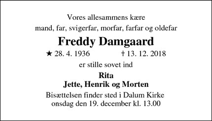 Dødsannoncen for Freddy Damgaard - Dalum