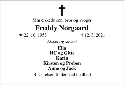 Dødsannoncen for Freddy Nørgaard - Nr. Åby