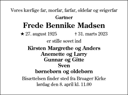 Dødsannoncen for Frede Bennike Madsen - Broager
