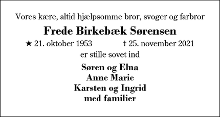 Dødsannoncen for Frede Birkebæk Sørensen - Videbæk