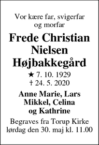 Dødsannoncen for Frede Christian Nielsen
Højbakkegård - Hundested
