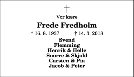 Dødsannoncen for Frede Fredholm - Nykøbing Mors