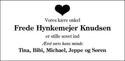 Dødsannoncen for Frede Hynkemejer Knudsen - Vejen