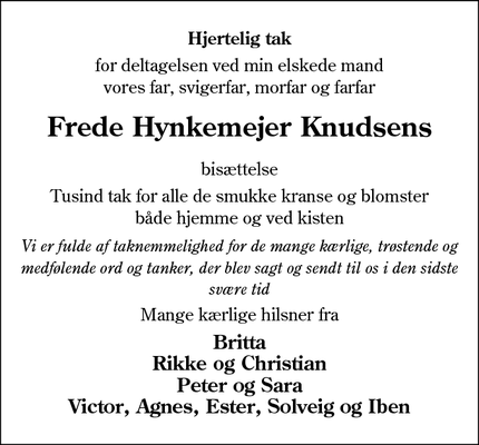 Dødsannoncen for Frede Hynkemejer Knudsens - Brørup