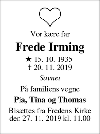 Dødsannoncen for Frede Irming - Odense