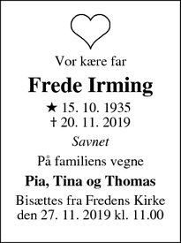 Dødsannoncen for Frede Irming - Odense