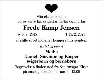 Dødsannoncen for Frede Kamp Jensen - Bramming