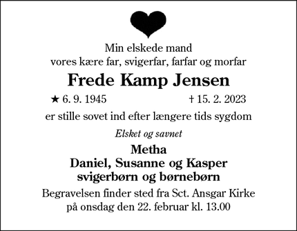 Dødsannoncen for Frede Kamp Jensen - Bramming