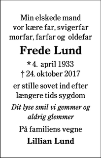 Dødsannoncen for Frede Lund - Almind