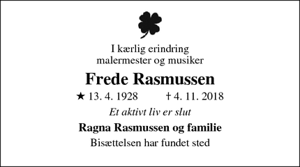Dødsannoncen for Frede Rasmussen - Lyngby