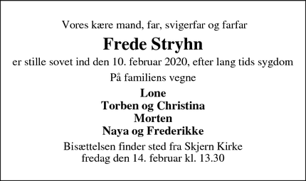Dødsannoncen for Frede Stryhn - Skjern