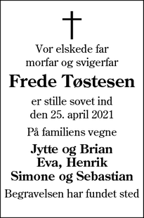 Dødsannoncen for Frede Tøstesen - Hedehusene