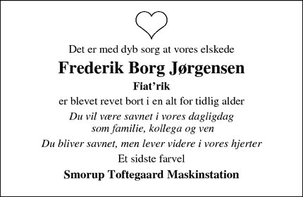 Dødsannoncen for Frederik Borg Jørgensen - Aars