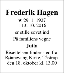 Dødsannoncen for Frederik Hagen
 - 
