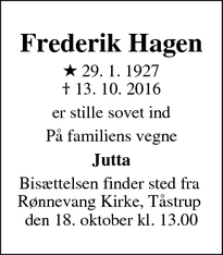 Dødsannoncen for Frederik Hagen
 - 