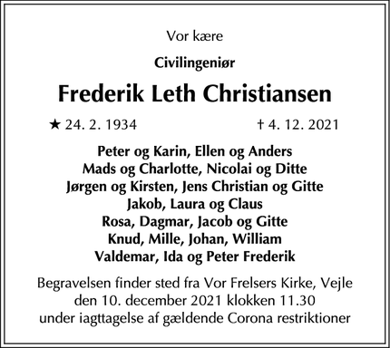 Dødsannoncen for Frederik Leth Christiansen - Vejle