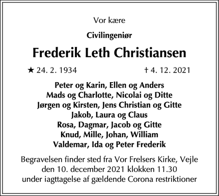 Dødsannoncen for Frederik Leth Christiansen - Vejle