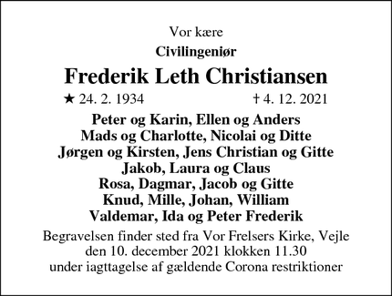 Dødsannoncen for Frederik Leth Christiansen - Vejle