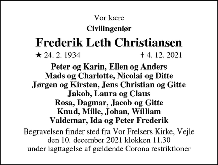 Dødsannoncen for Frederik Leth Christiansen - Vejle