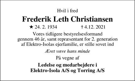 Dødsannoncen for Frederik Leth Christiansen - Vejle
