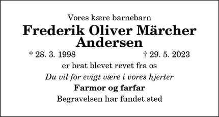Dødsannoncen for Frederik Oliver Märcher
Andersen - Mariager