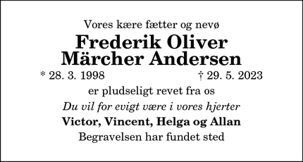 Dødsannoncen for Frederik Oliver
Märcher Andersen - Mariager