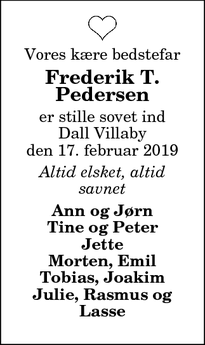 Dødsannoncen for Frederik T.
Pedersen - Svenstrup