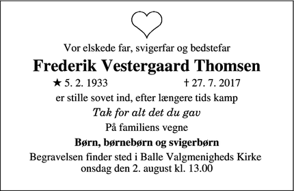 Dødsannoncen for Frederik Vestergaard Thomsen - Bredsten