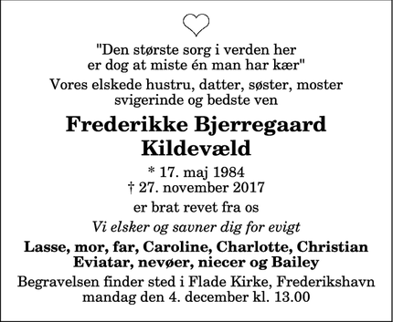 Dødsannoncen for Frederikke Bjerregaard Kildevæld - Aalborg