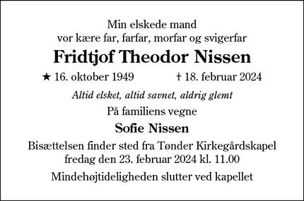 Dødsannoncen for Fridtjof Theodor Nissen - Brørup