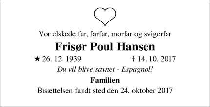 Dødsannoncen for Frisør Poul Hansen - Grenå