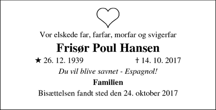 Dødsannoncen for Frisør Poul Hansen - Grenå