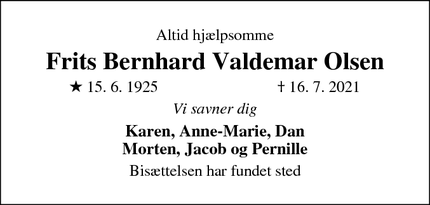 Dødsannoncen for Frits Bernhard Valdemar Olsen - Albertslund