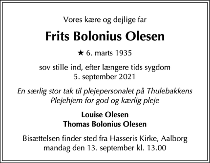 Dødsannoncen for Frits Bolonius Olesen - Aalborg