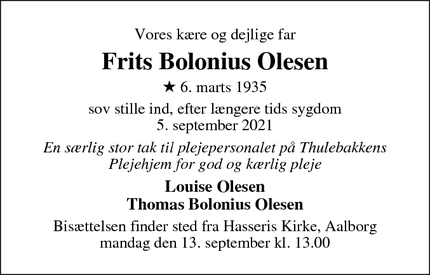 Dødsannoncen for Frits Bolonius Olesen - Aalborg